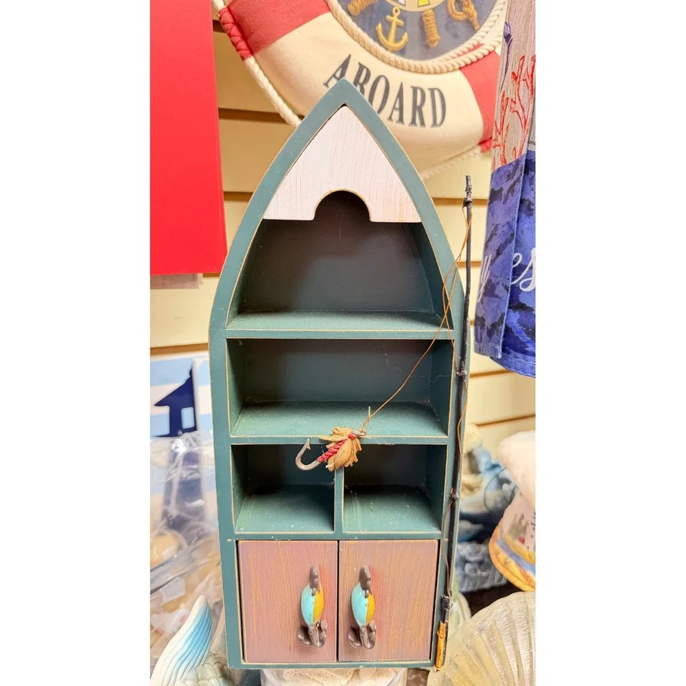 Nautical Wooden Boat Shelf Green Coastal Decor Fishing Lure Display Cabinet 13in